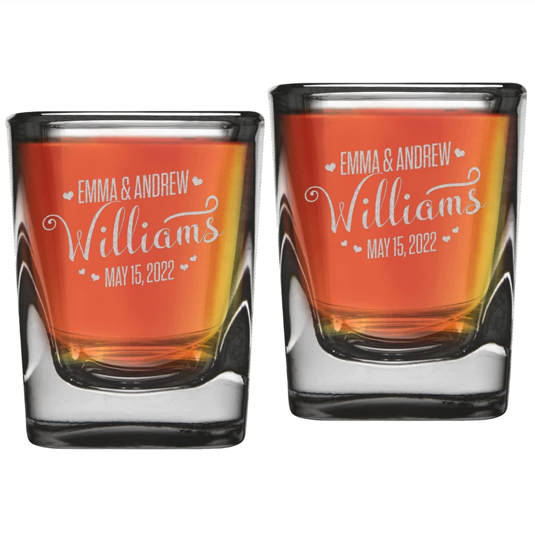 Custom Personalized Wedding Engraved Square Heavy Base Prism Shot Glass 2 oz.