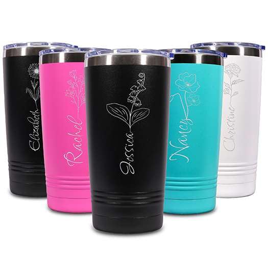 Custom Personalized Birth Flower Your Name Vertical Engraved Insulated Stainless Steel Tumbler with Lid 20 oz.