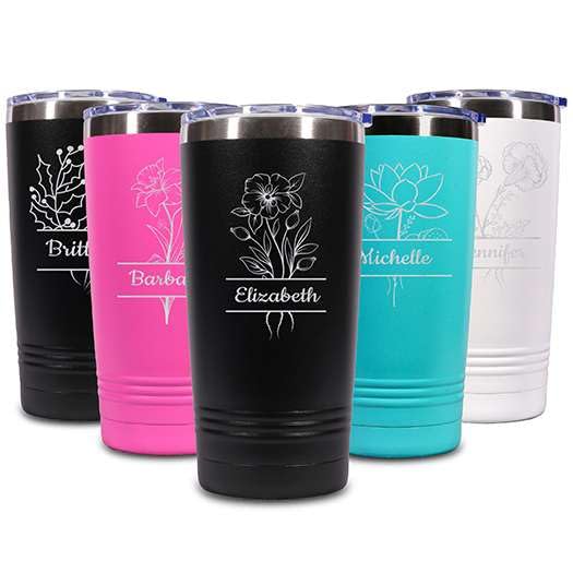 Custom Personalized Birth Flower Your Name in Banner Engraved Insulated Stainless Steel Tumbler with Lid 20 oz.