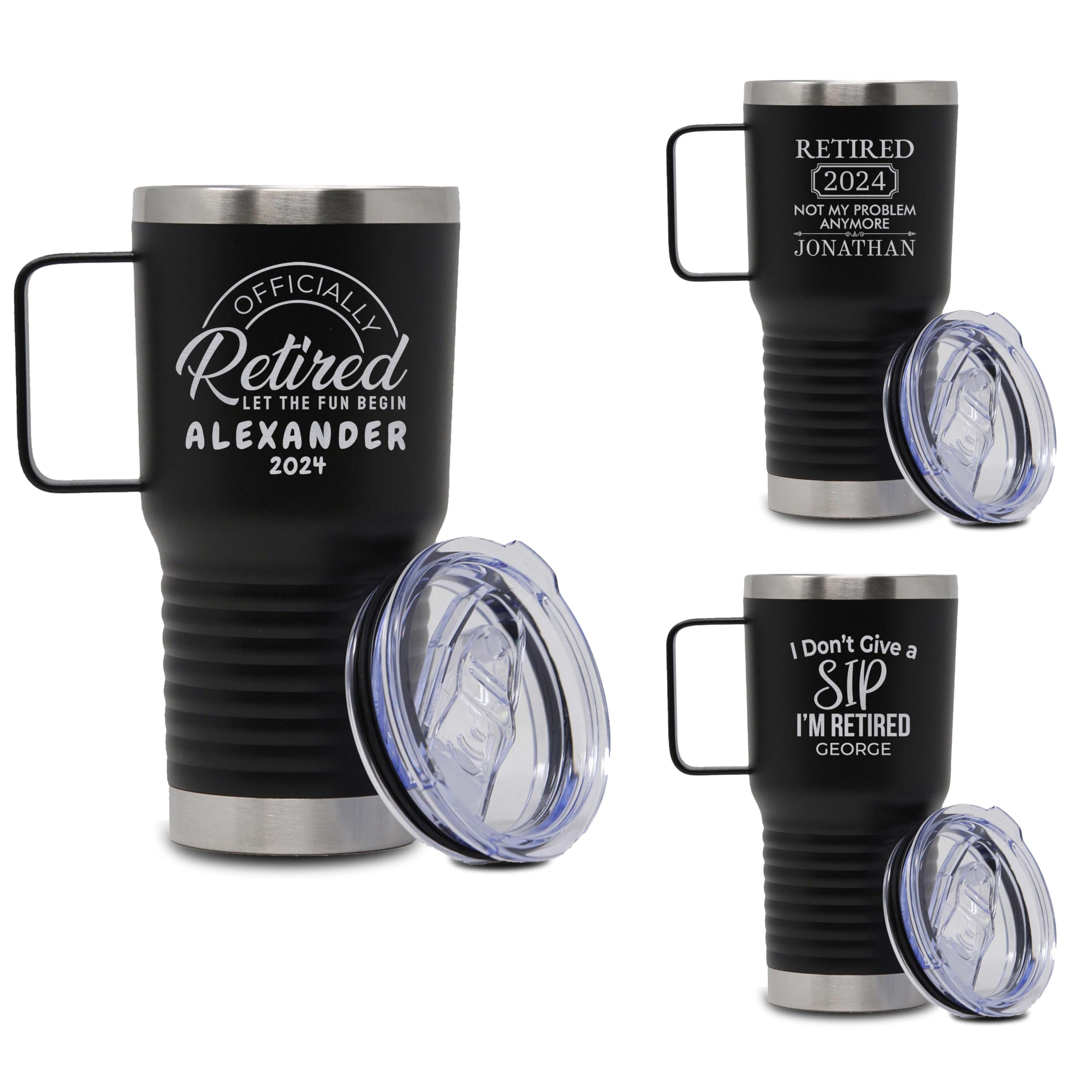 Custom Personalized Happy Retirement Engraved Engraved Insulated Stainless Steel Tumbler with Handle and Lid 20 oz.