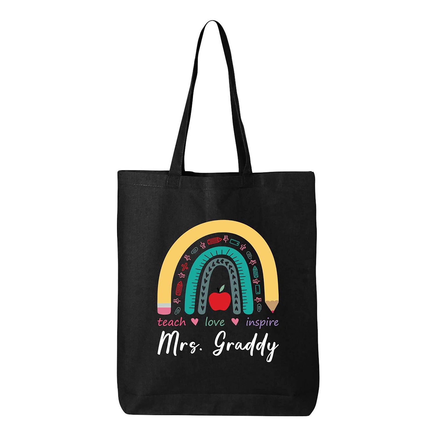 Custom Personalized Teacher Teach Love Inspire Rainbow Eco Cotton Tote Reusable Shopping Bag