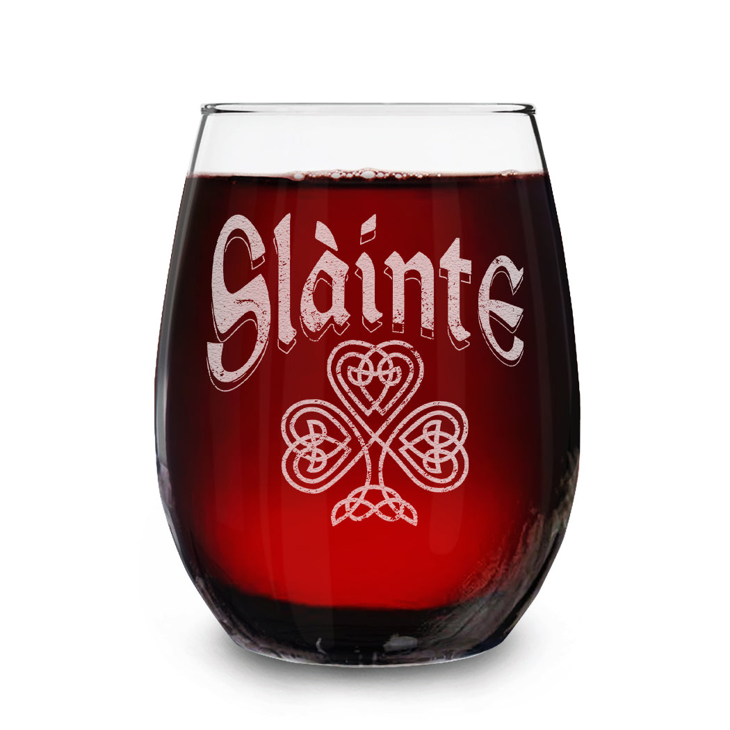 Slainte Irish Cheers Toast Engraved Stemless Wine Glass 15 oz.