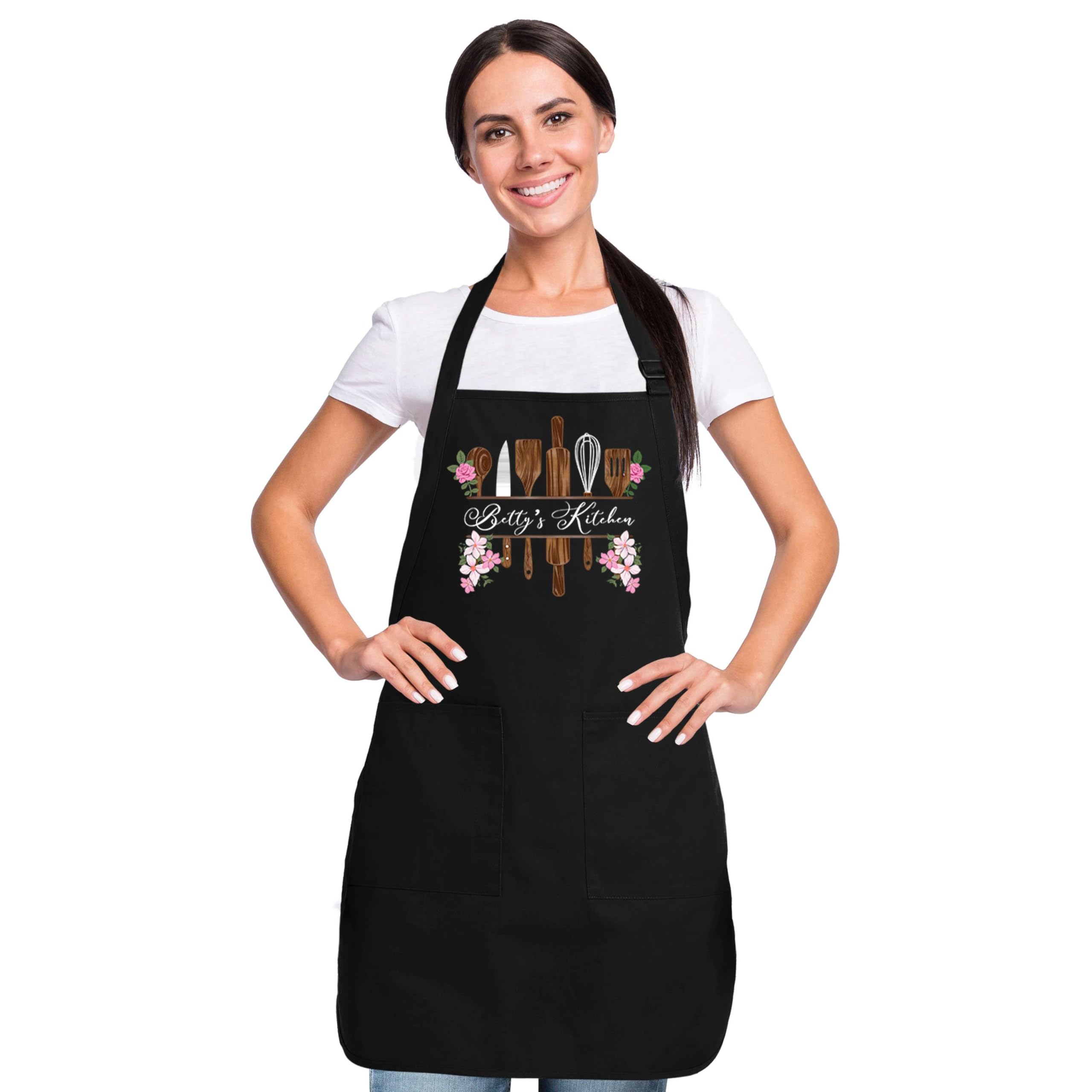 Custom Personalized Pink Floral Utensils Your Name Kitchen Apron with Pockets Customizable Baker Cook Gift