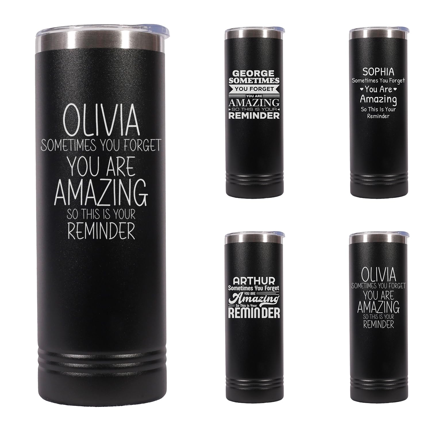 Custom Personalized Your Name You Are Amazing Reminder Engraved Skinny Black Tumbler with Lid 20 oz.