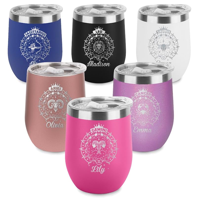 Custom Your Name Astrology Sign Zodiac Constellation Engraved Insulated Stainless Steel Wine Tumbler with Lid 12 oz.