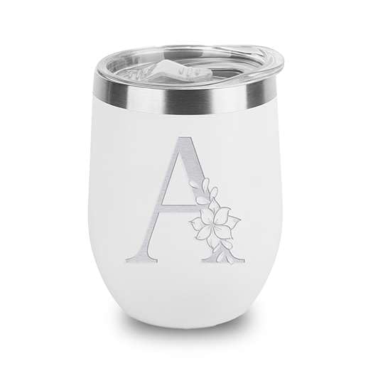 Floral Monogram Letter Initial Engraved Insulated Stainless Steel Wine Tumbler with Lid 12 oz.