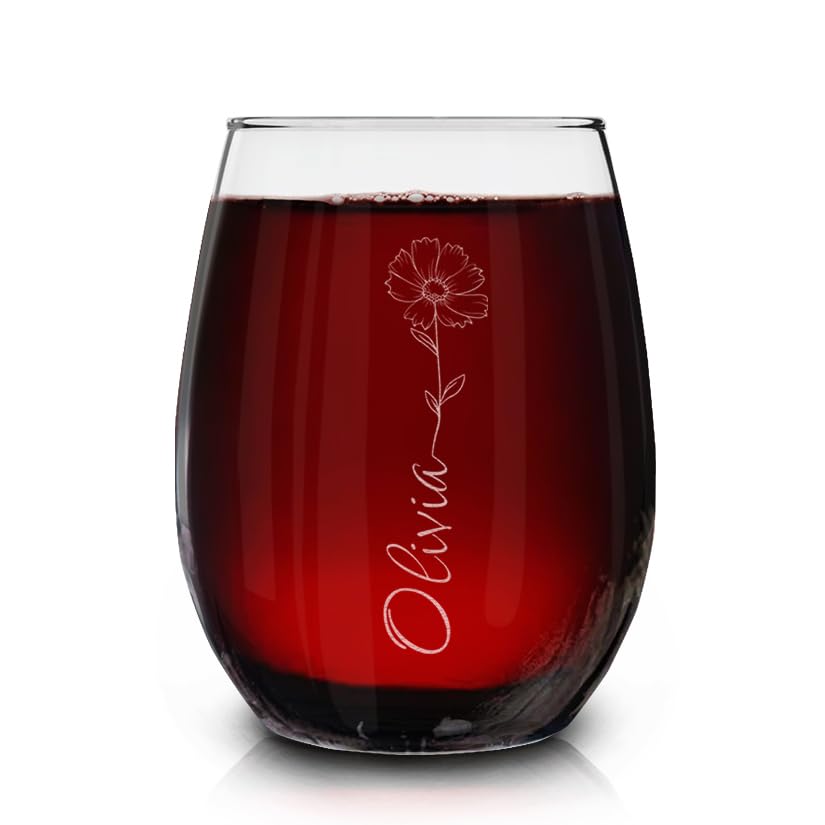 Custom Personalized Birth Flower Your Name Vertical Engraved Stemless Wine Glass 15 oz.