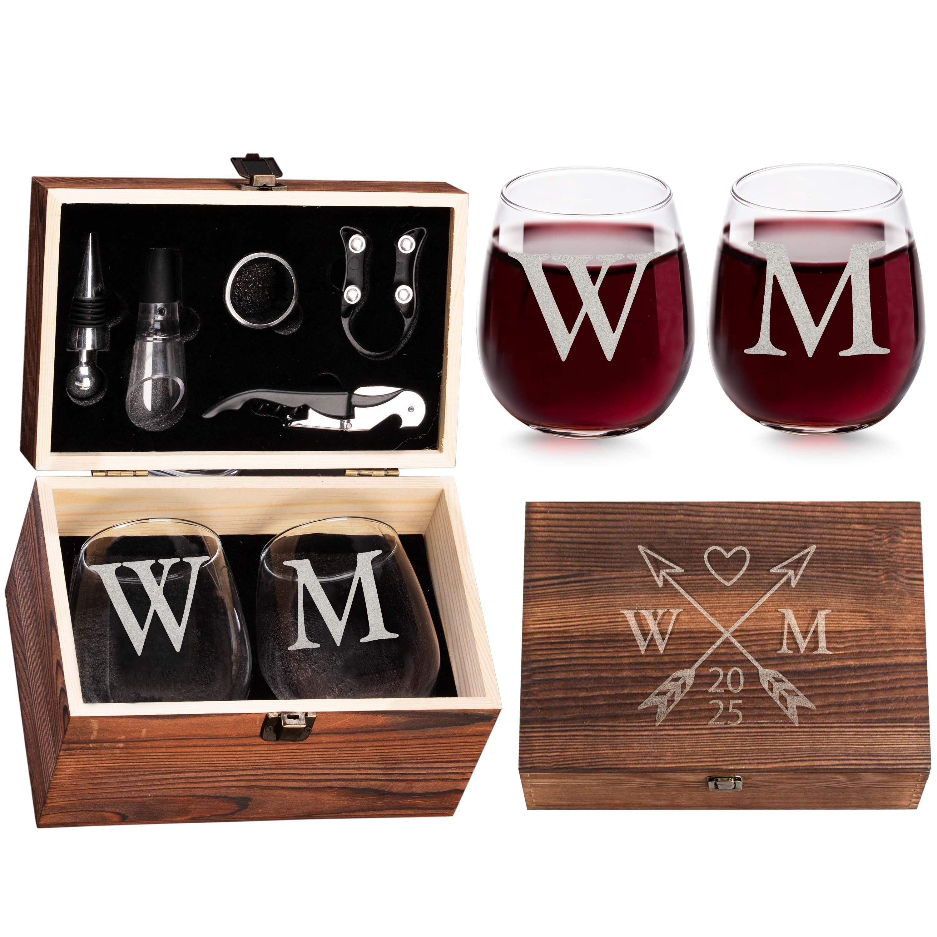 Custom Couples Initials and Date Arrow Set of 2 Stemless Wine Glasses and Accessories with Engraved Wine Box Design Your Own Personalized Gift for Him Her Couples