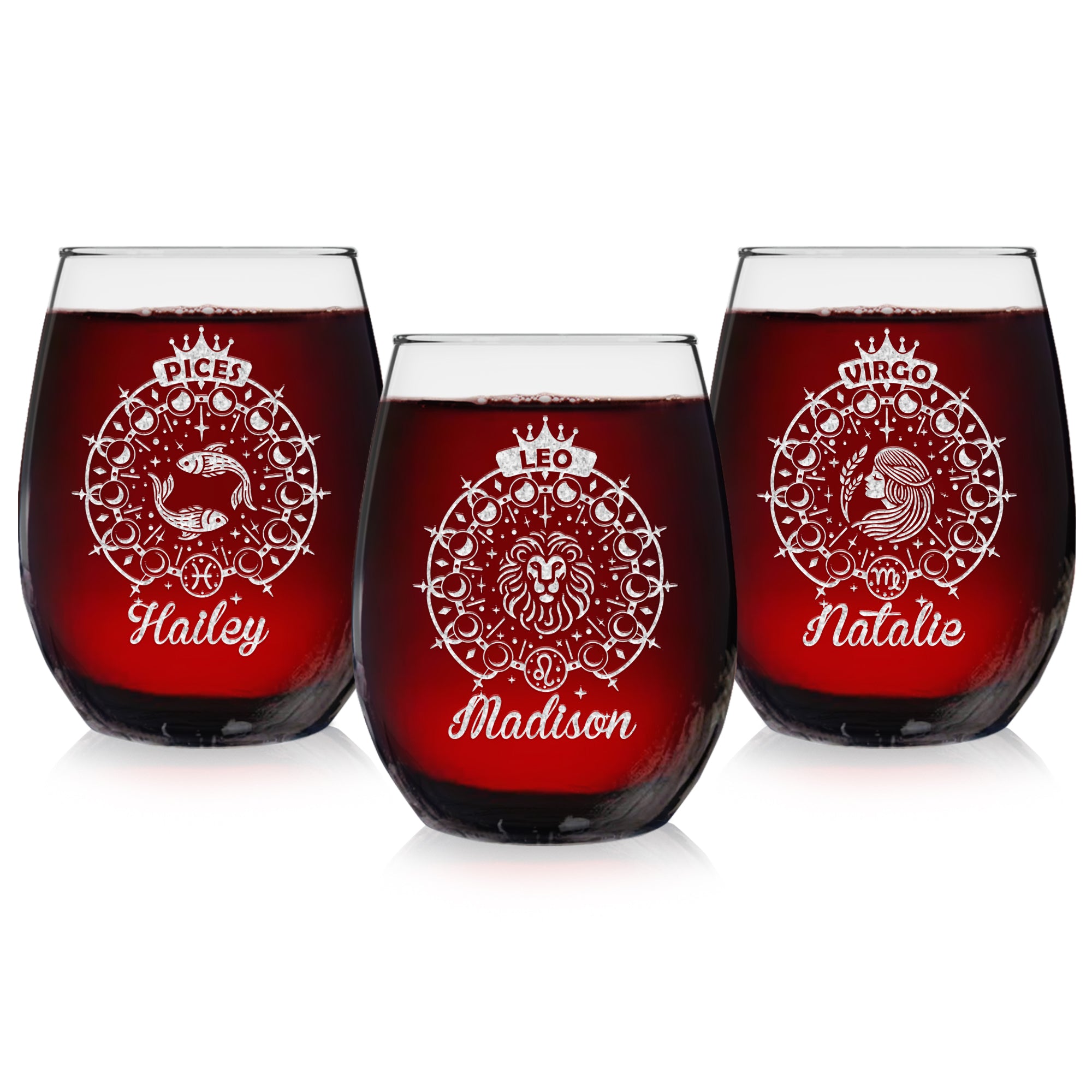 Custom Your Name Astrology Sign Zodiac Constellation Engraved Stemless Wine Glass 15 oz.