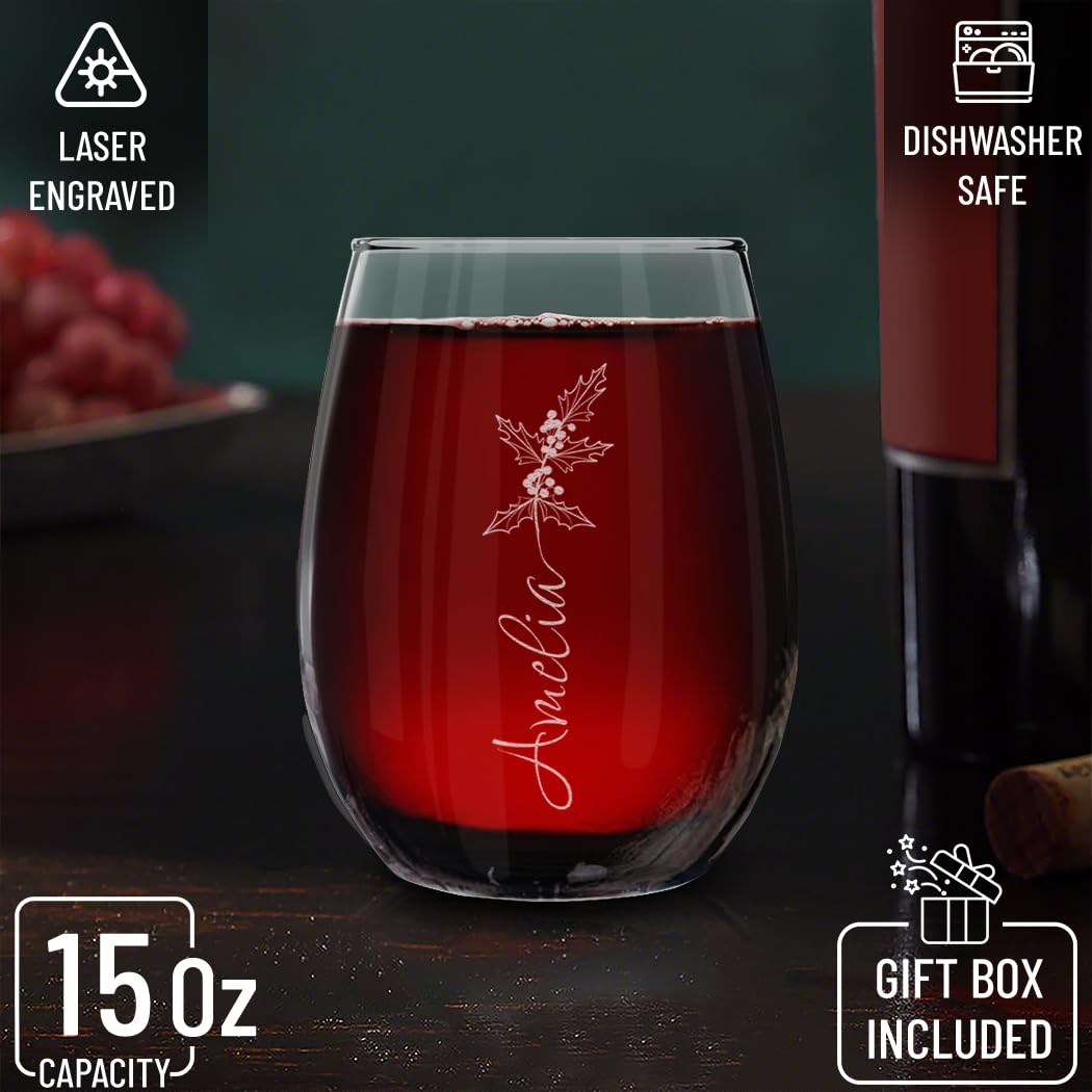 Custom Personalized Birth Flower Your Name Vertical Engraved Stemless Wine Glass 15 oz.