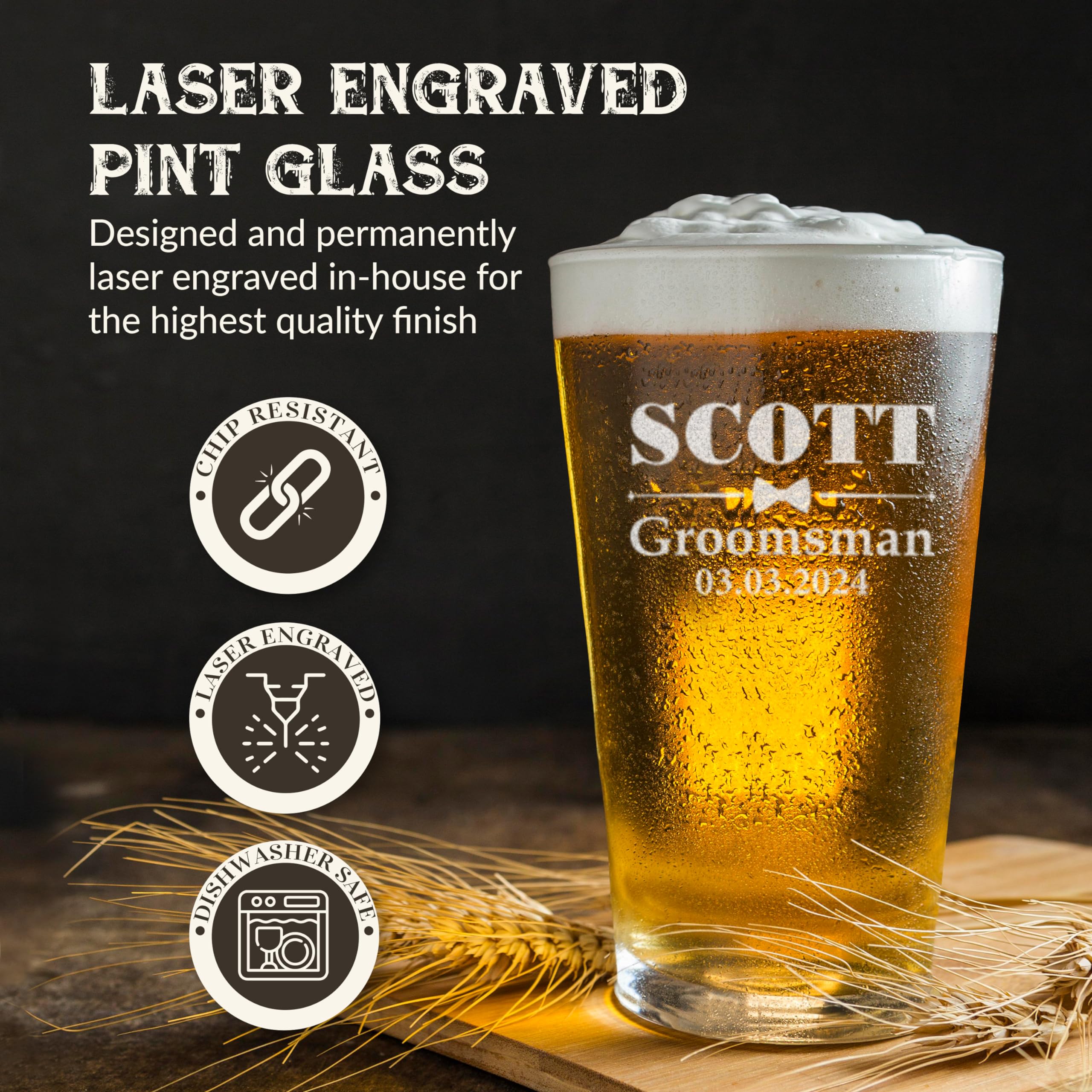 Custom Personalized Groom Beer Pint Glasses 16 oz.