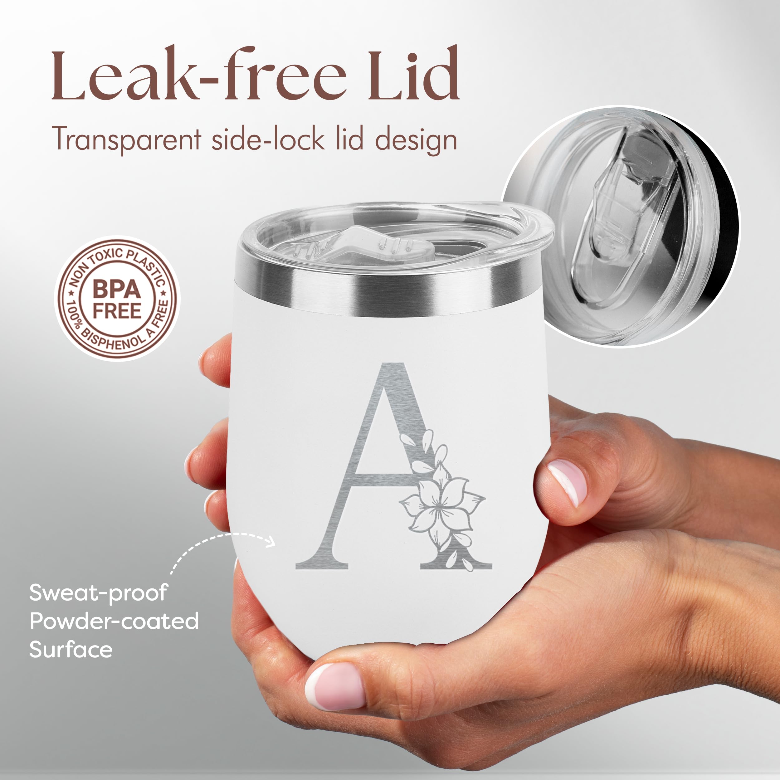 Floral Monogram Letter Initial Engraved Insulated Stainless Steel Wine Tumbler with Lid 12 oz.
