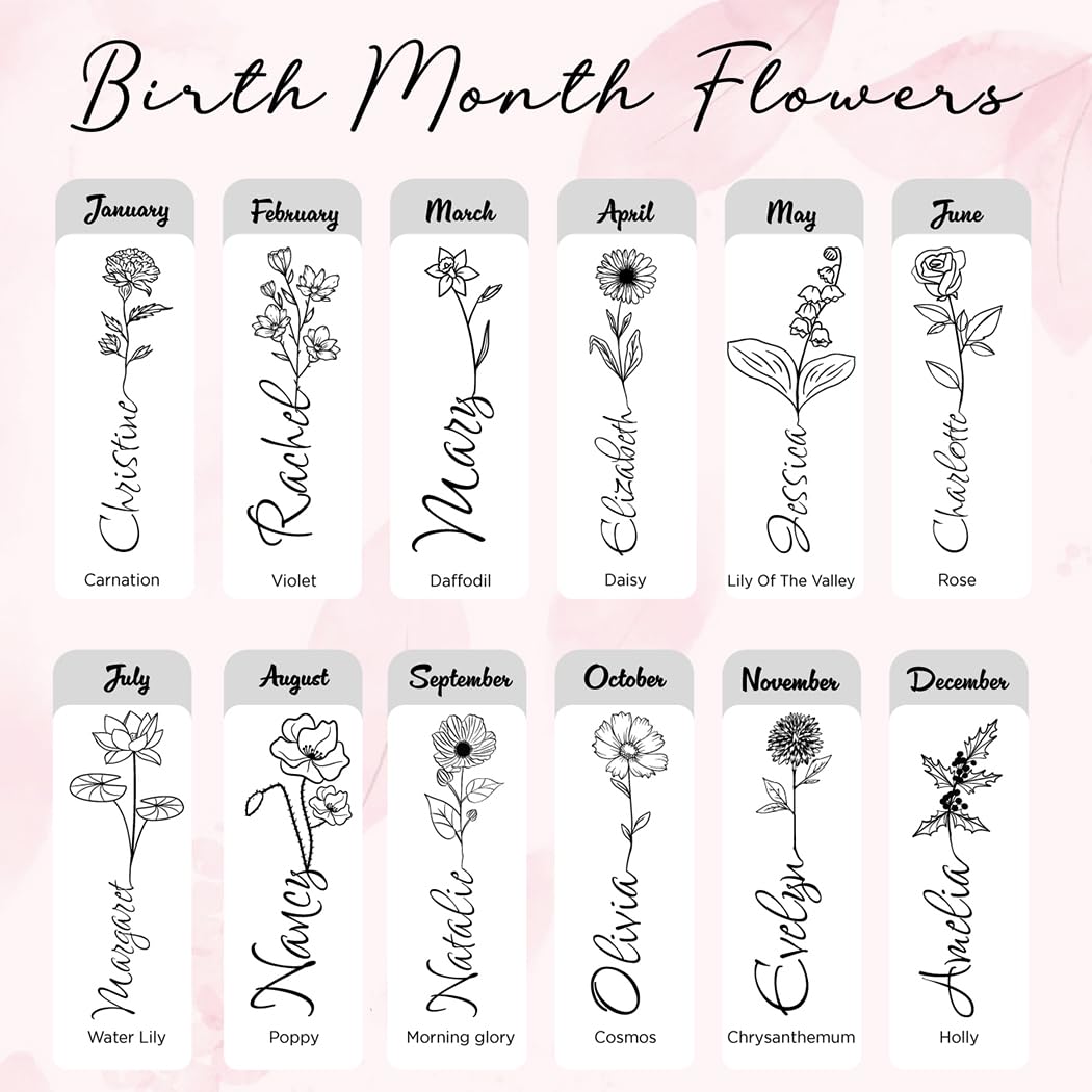 Custom Personalized Birth Flower Your Name Vertical Engraved Insulated Stainless Steel Tumbler with Lid 20 oz.