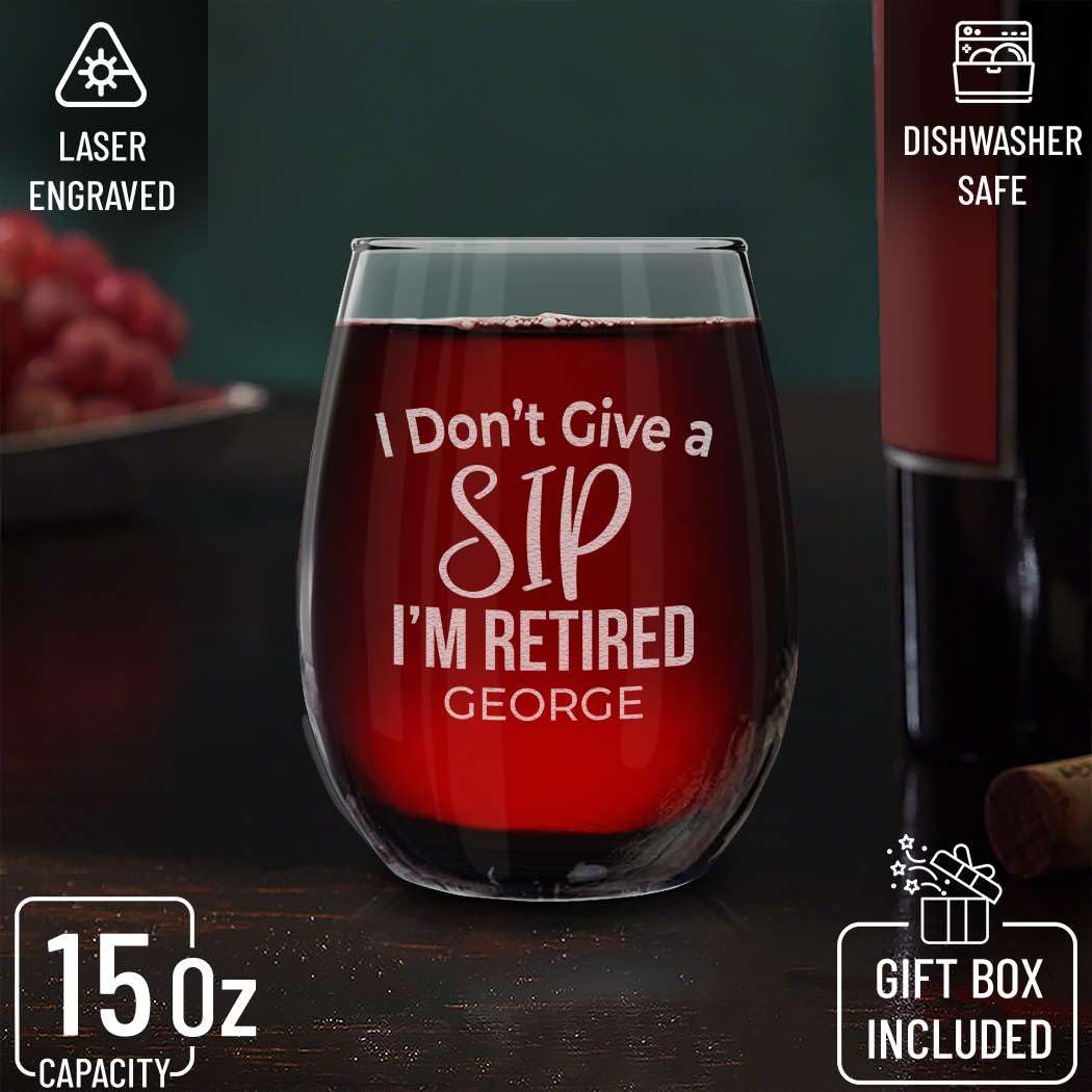 Custom Personalized Happy Retirement Engraved Stemless Wine Glass 15 oz. Retired Retiree Gift