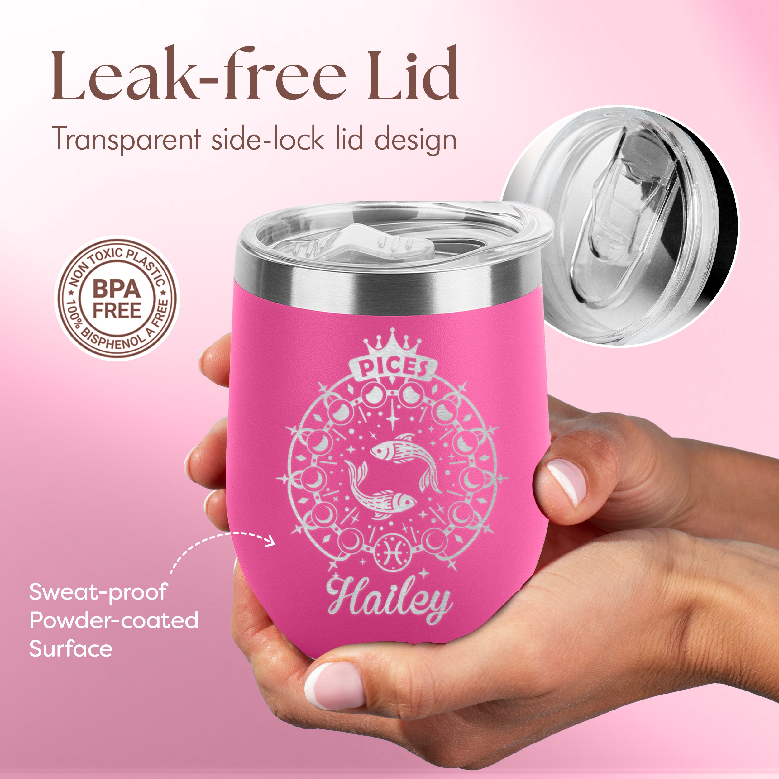 Custom Your Name Astrology Sign Zodiac Constellation Engraved Insulated Stainless Steel Wine Tumbler with Lid 12 oz.