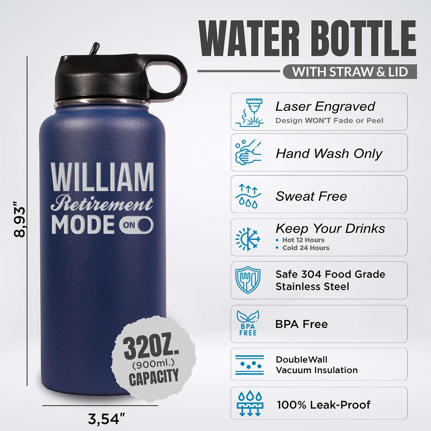 Custom Personalized Happy Retirement Water Bottle 32 oz.