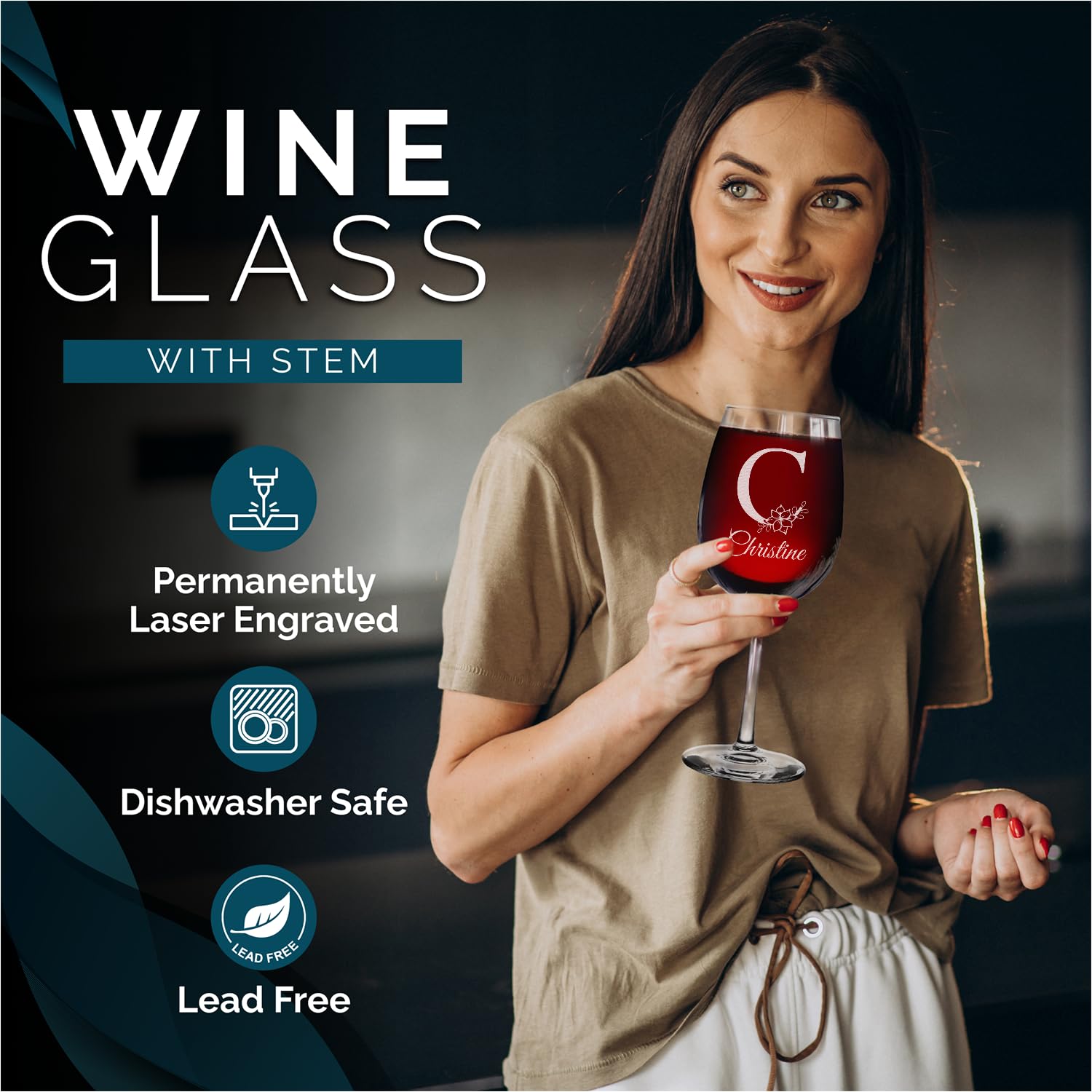 Custom Personalized Floral Flower Inspired Monogram Laser Engraved Stemmed Wine Glass 16 oz