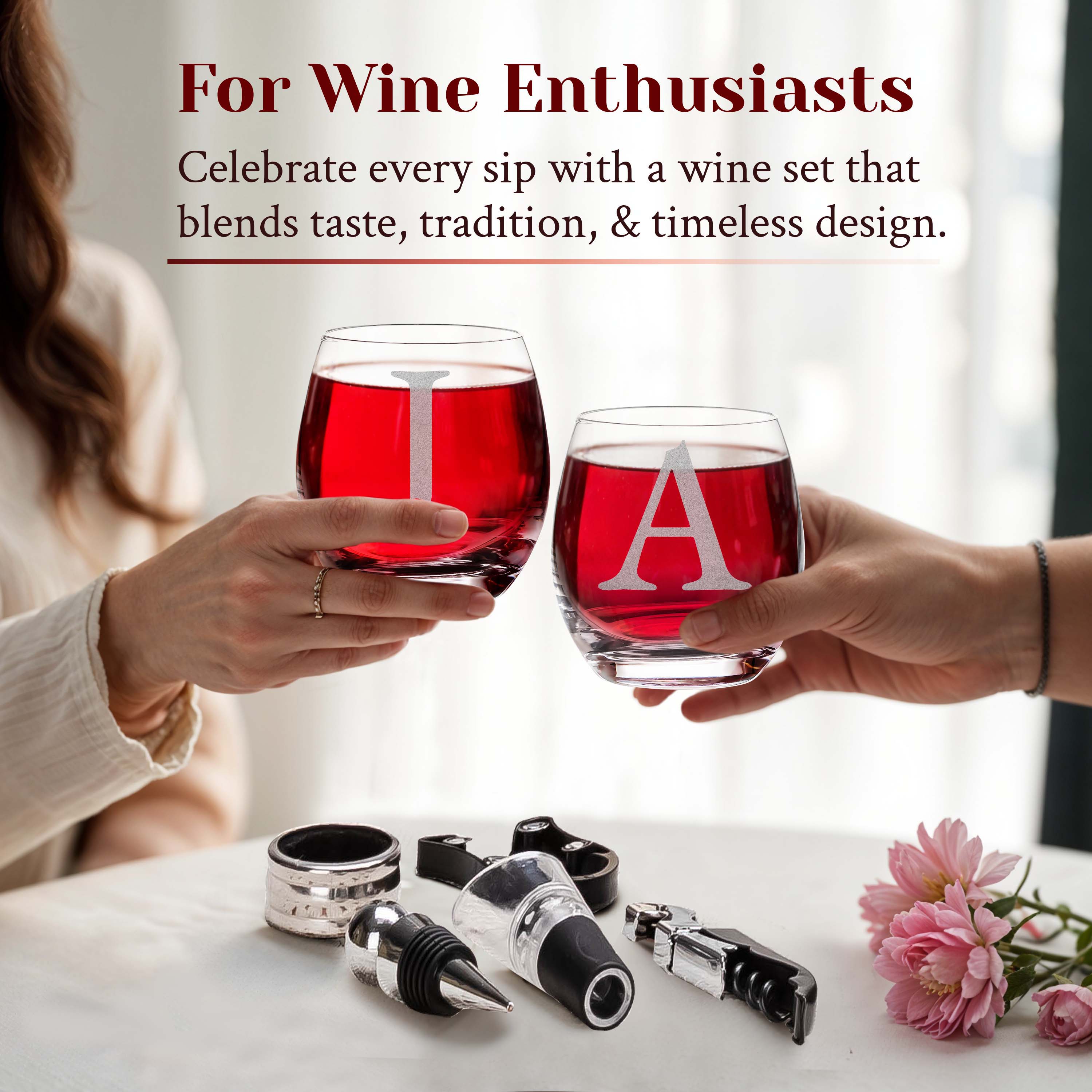 Custom Couples Initials and Date Arrow Set of 2 Stemless Wine Glasses and Accessories with Engraved Wine Box Design Your Own Personalized Gift for Him Her Couples