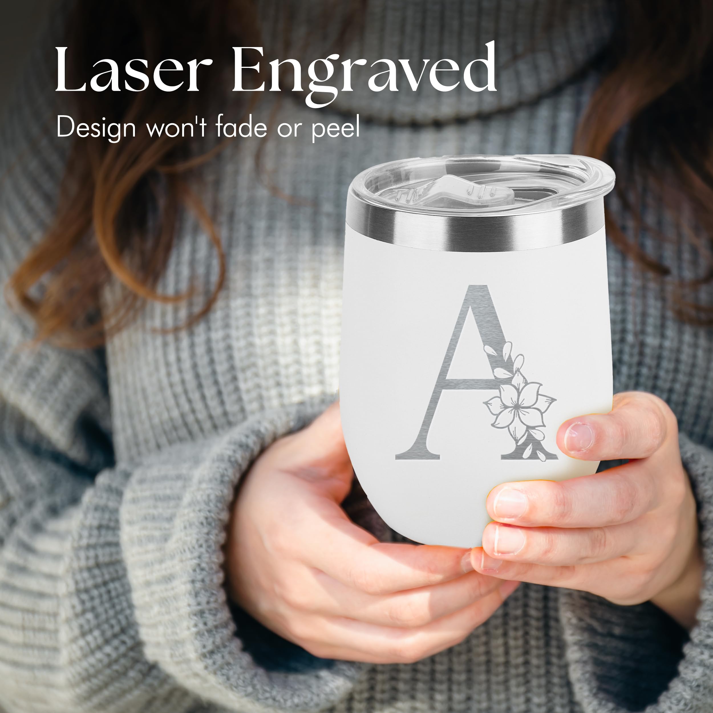 Floral Monogram Letter Initial Engraved Insulated Stainless Steel Wine Tumbler with Lid 12 oz.