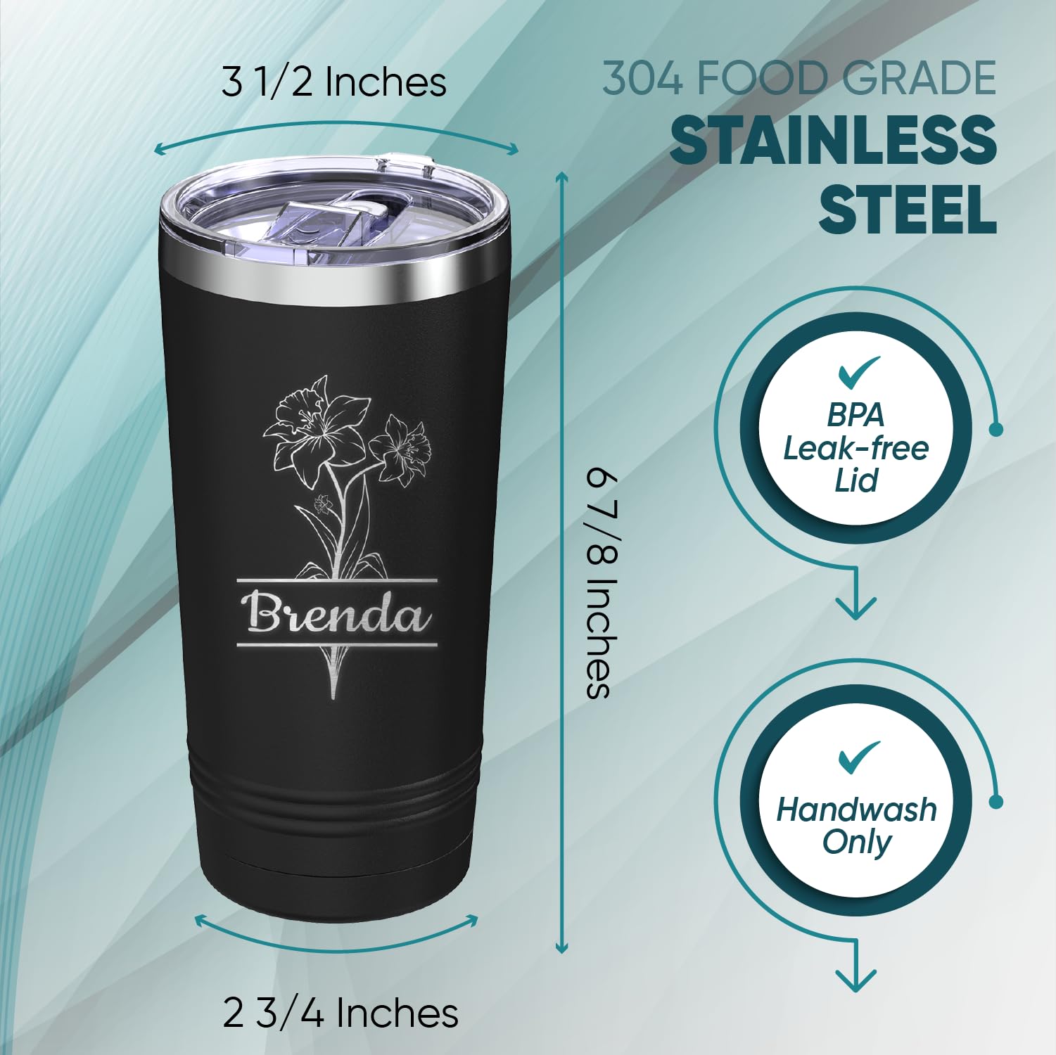Custom Personalized Birth Flower Your Name in Banner Engraved Insulated Stainless Steel Tumbler with Lid 20 oz.