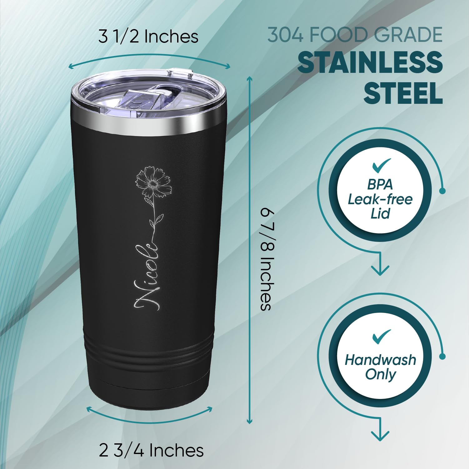 Custom Personalized Birth Flower Your Name Vertical Engraved Insulated Stainless Steel Tumbler with Lid 20 oz.