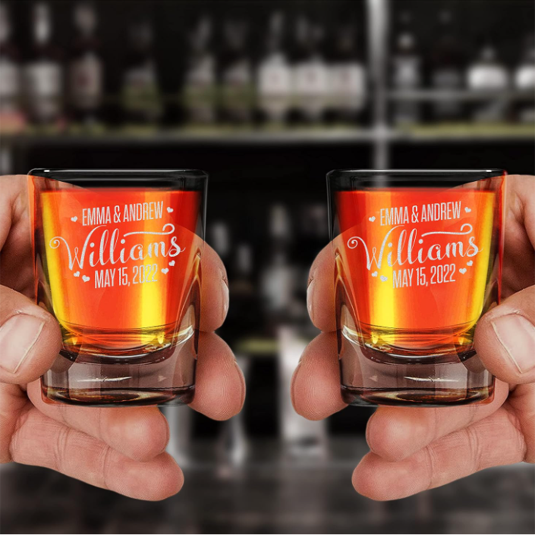 Custom Personalized Wedding Engraved Square Heavy Base Prism Shot Glass 2 oz.
