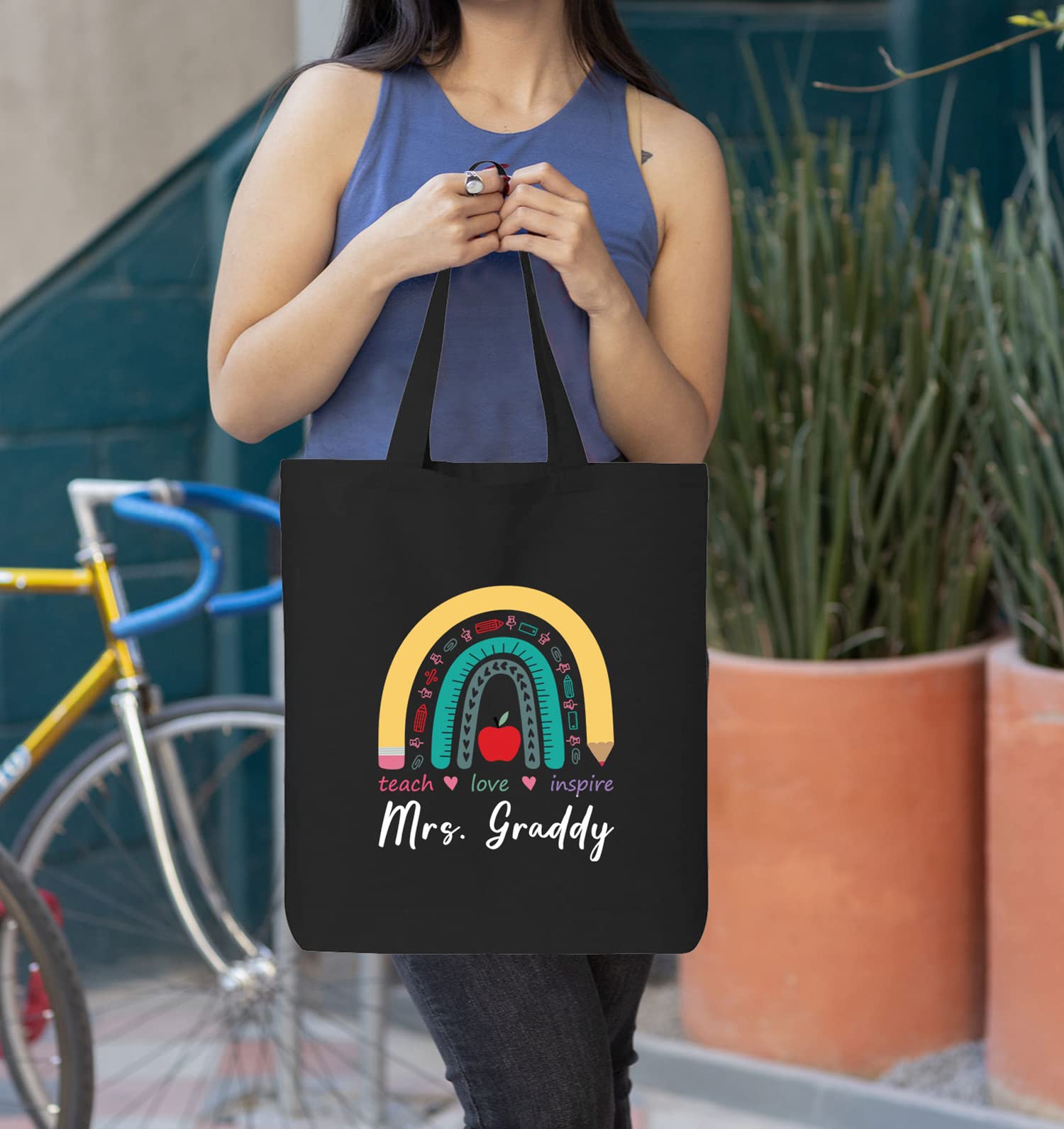 Custom Personalized Teacher Teach Love Inspire Rainbow Eco Cotton Tote Reusable Shopping Bag