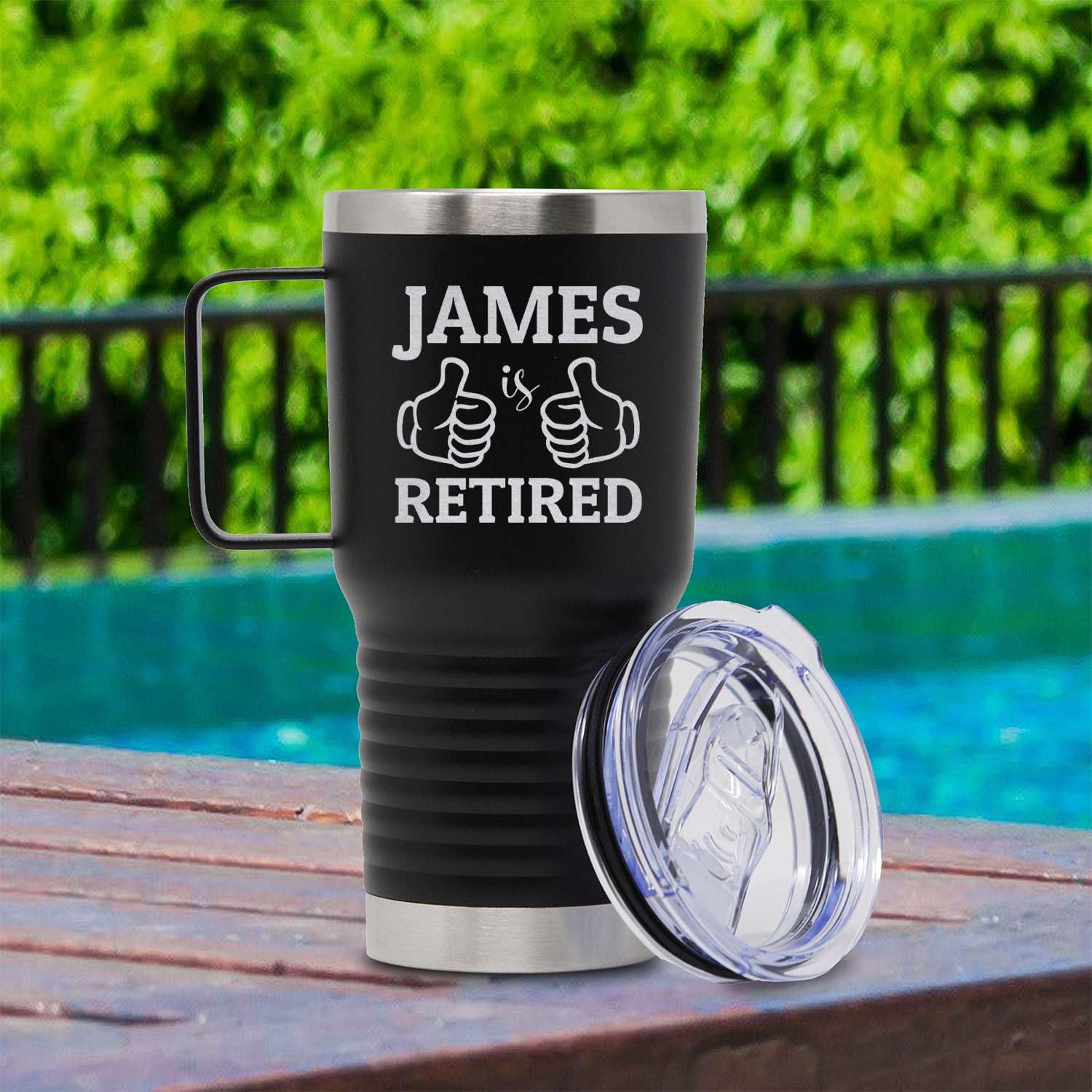 Custom Personalized Happy Retirement Engraved Engraved Insulated Stainless Steel Tumbler with Handle and Lid 20 oz.