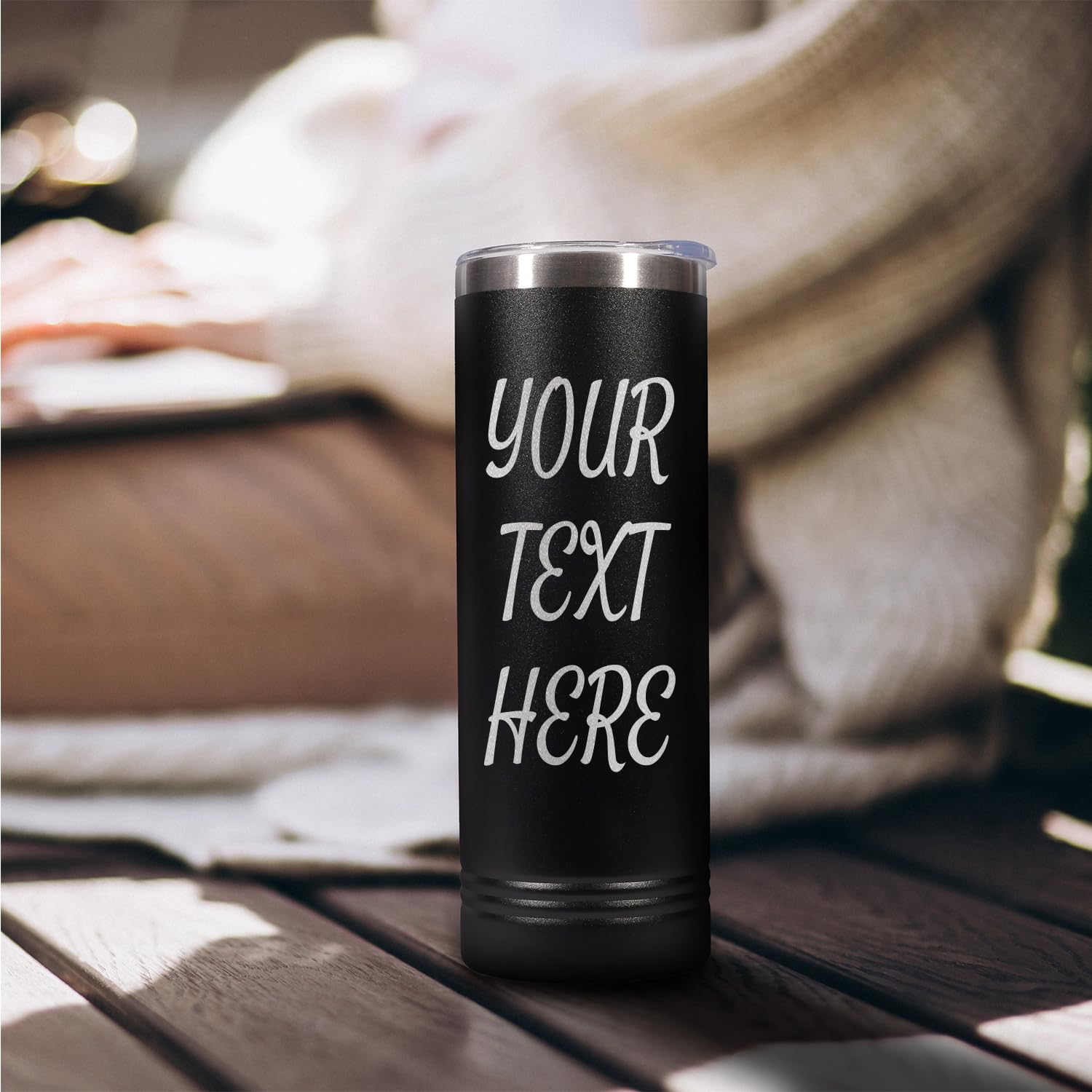 Custom Personalized Design Your Own with Your Text & Name Engraved Skinny Black Tumbler with Lid 20 oz.