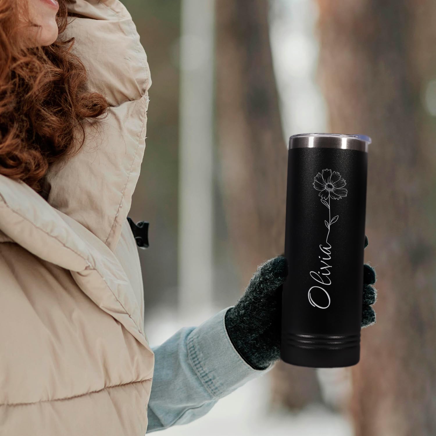 Custom Personalized Birth Flower Your Name Vertical Engraved Skinny Slim Black Tumbler with Lid 20 oz.
