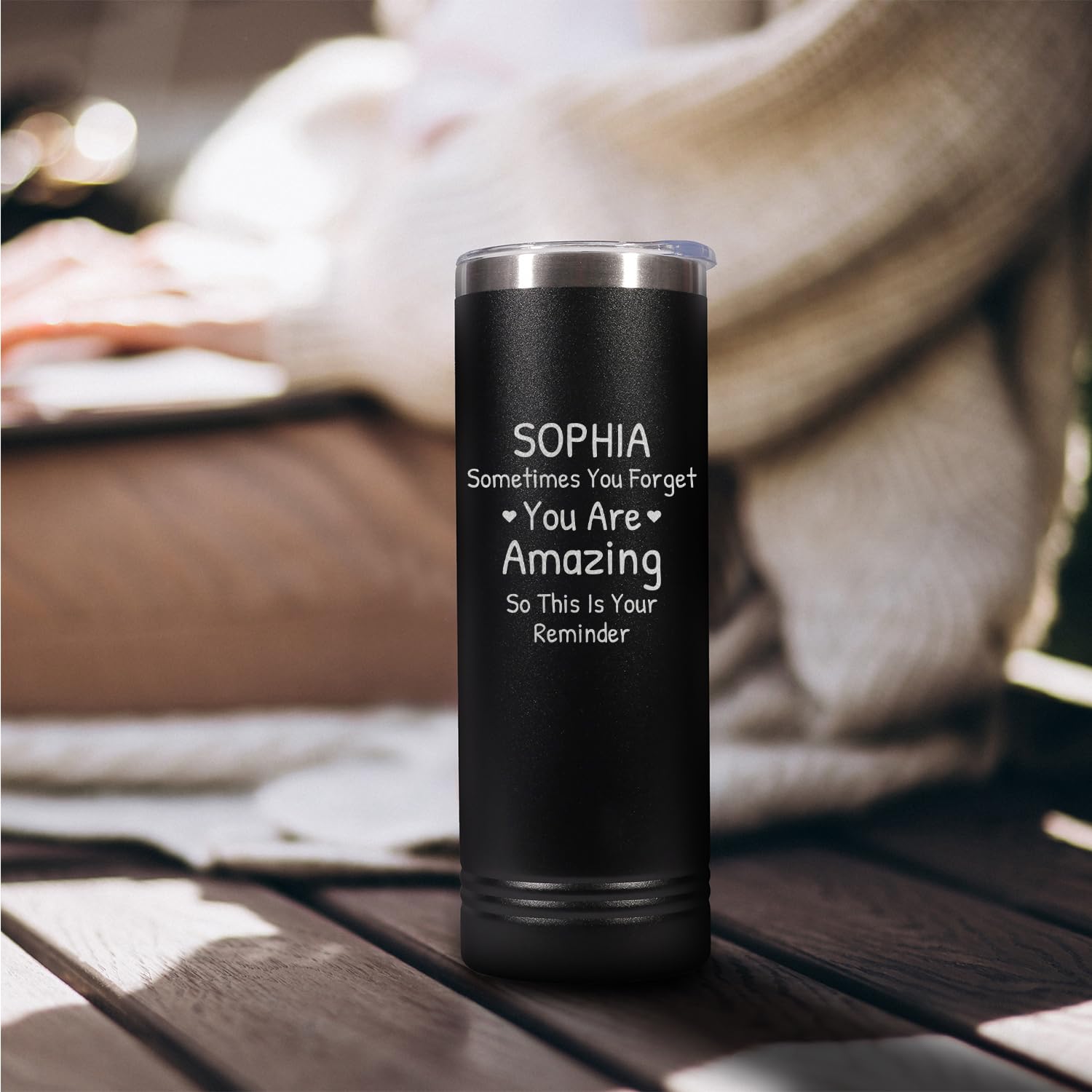 Custom Personalized Your Name You Are Amazing Reminder Engraved Skinny Black Tumbler with Lid 20 oz.