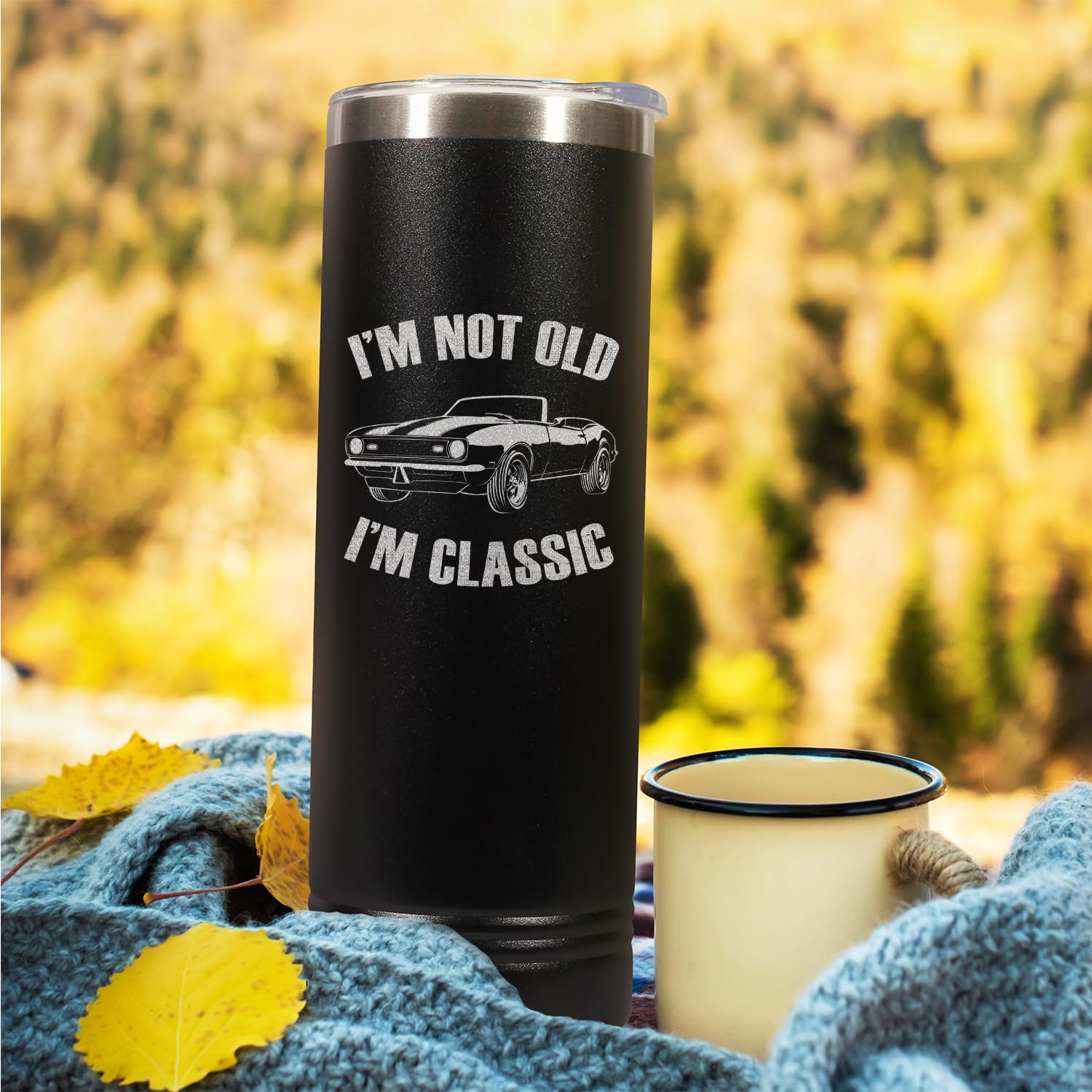 I'm Not Old I'm Classic Engraved Skinny Black Tumbler with Lid 20 oz.