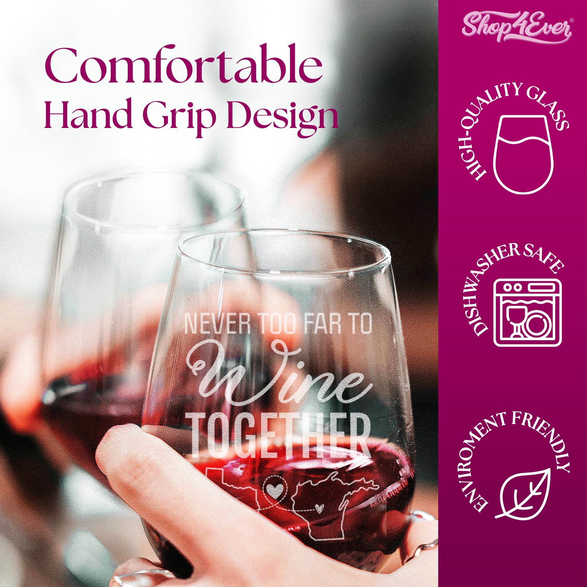 Custom Personalized Never Too Far to Wine Together Long Distance Friendship State Engraved Stemless Wine Glass 15 oz.