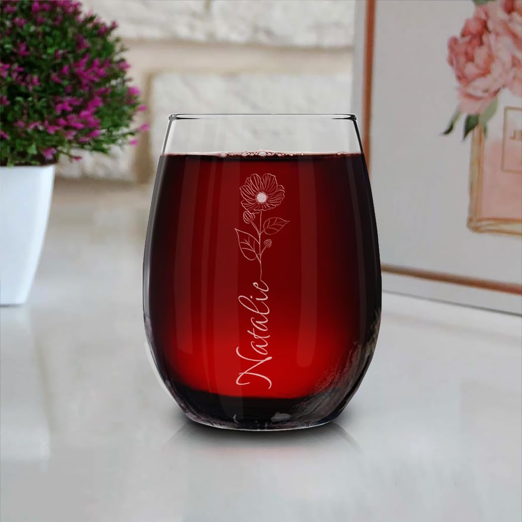 Custom Personalized Birth Flower Your Name Vertical Engraved Stemless Wine Glass 15 oz.