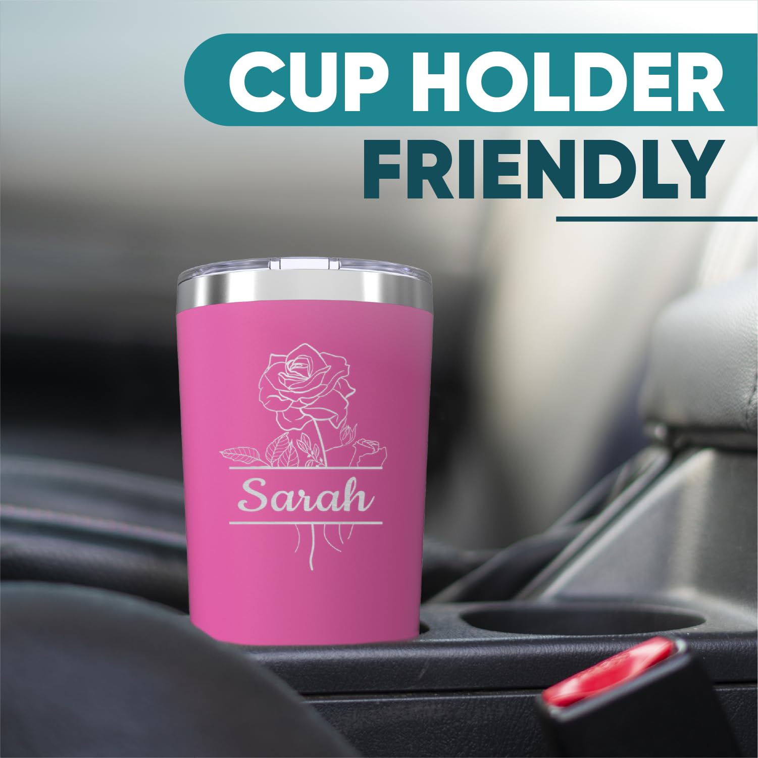 Custom Personalized Birth Flower Your Name in Banner Engraved Insulated Stainless Steel Tumbler with Lid 20 oz.