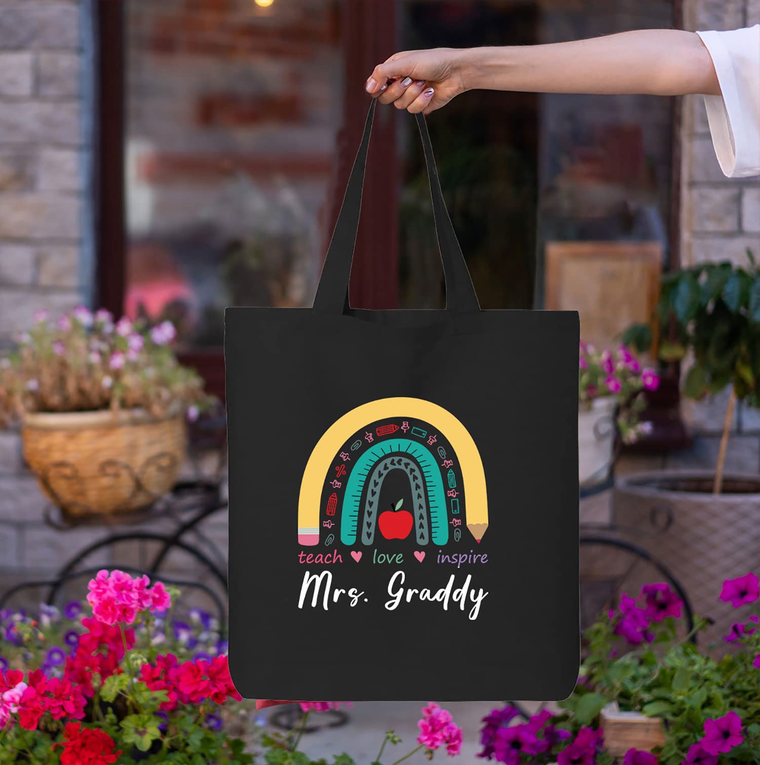 Custom Personalized Teacher Teach Love Inspire Rainbow Eco Cotton Tote Reusable Shopping Bag