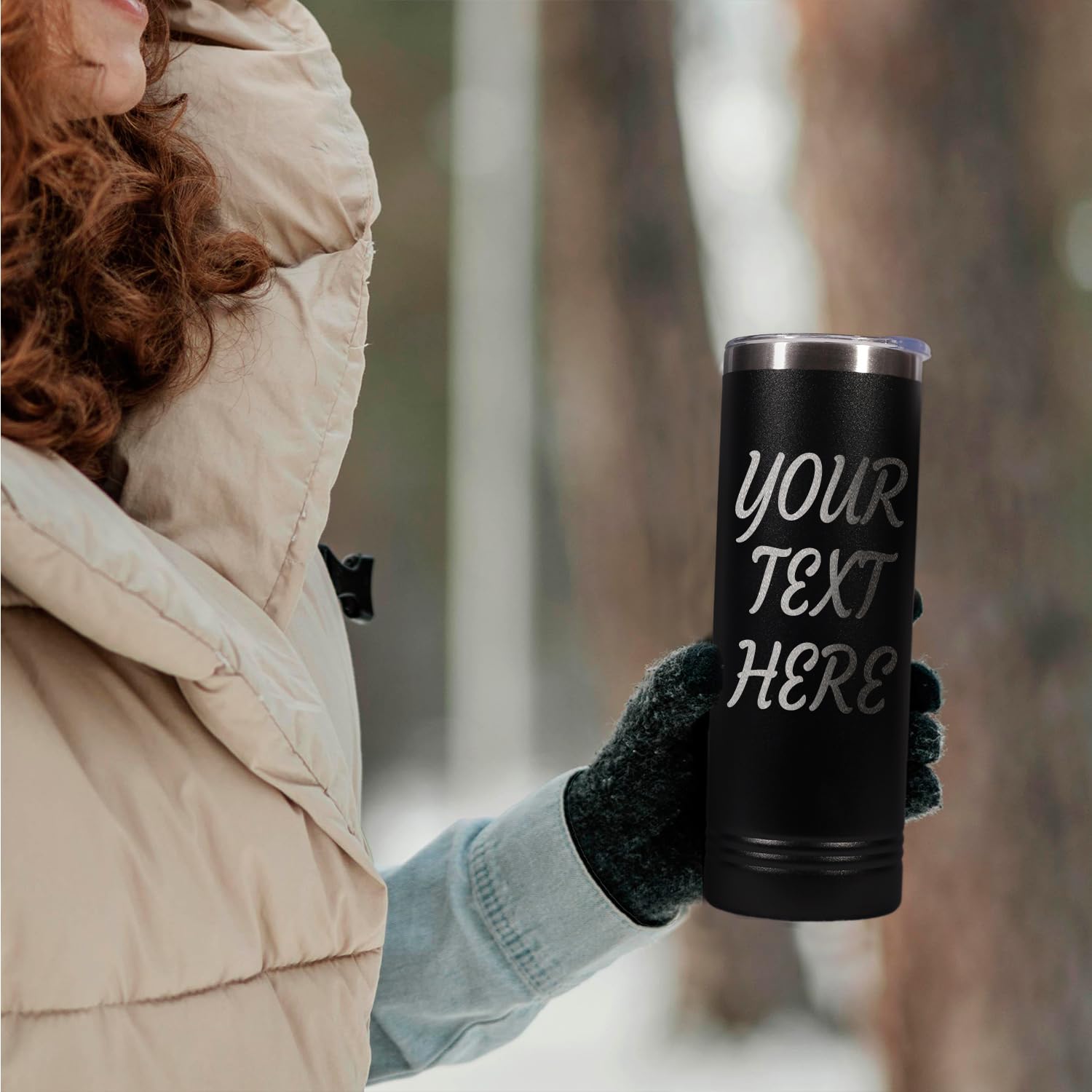 Custom Personalized Design Your Own with Your Text & Name Engraved Skinny Black Tumbler with Lid 20 oz.