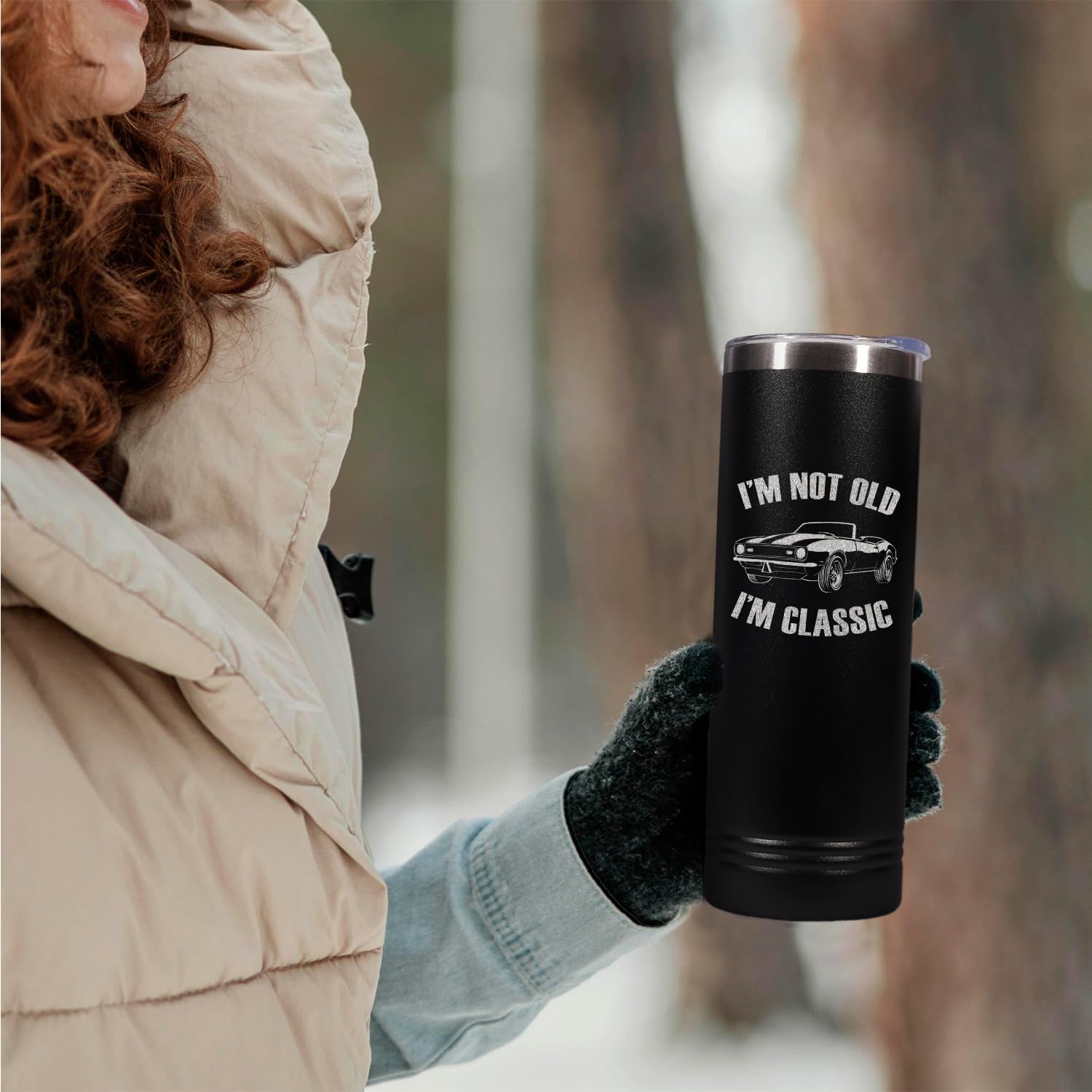 I'm Not Old I'm Classic Engraved Skinny Black Tumbler with Lid 20 oz.