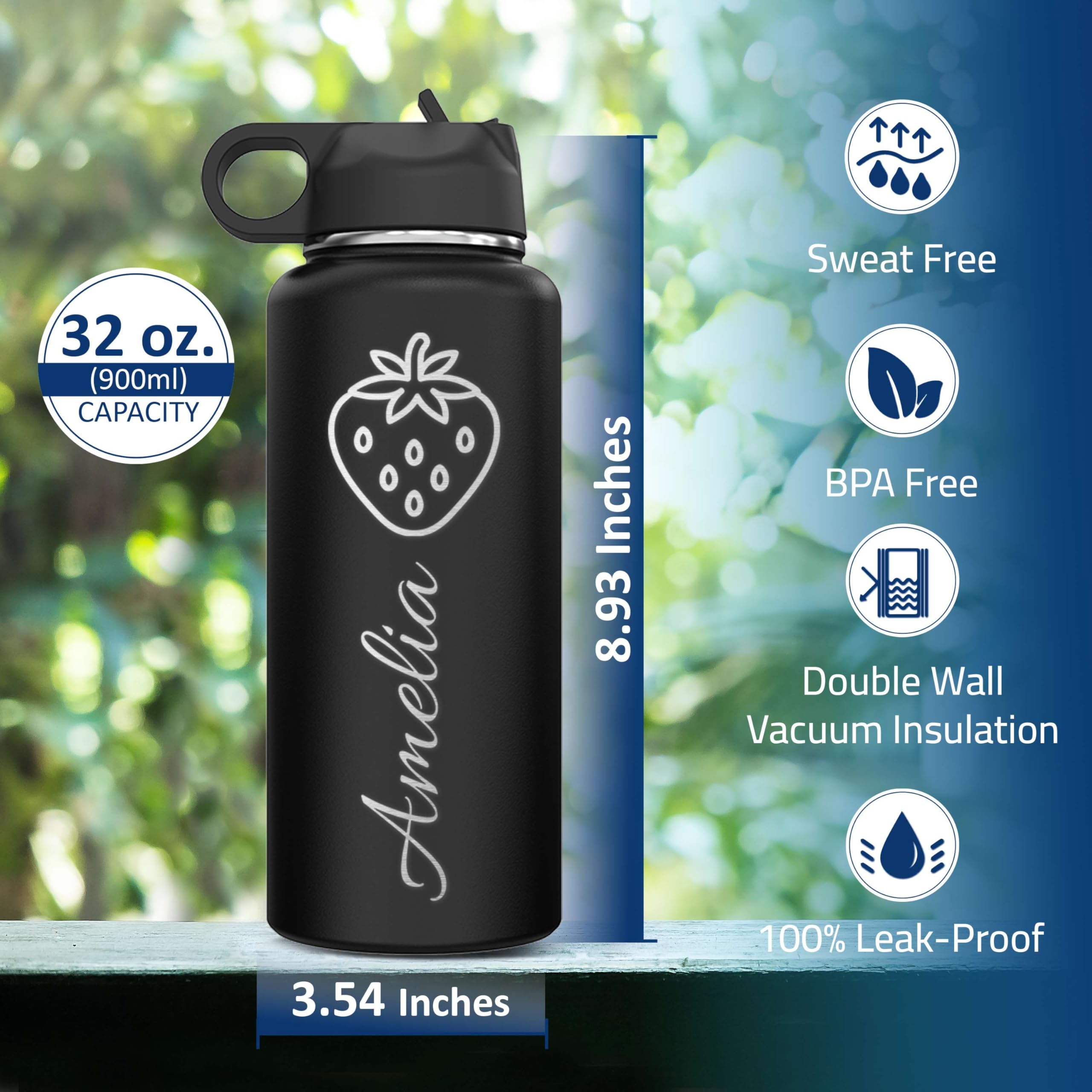 Custom Personalized Girls Name & Icon Insulated Stainless Steel Water Bottle 32 oz.