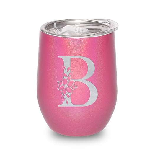 Dazzling Pink Sparkle Floral Monogram Tumbler – 12oz Personalized Initial Engraved Wine Cup