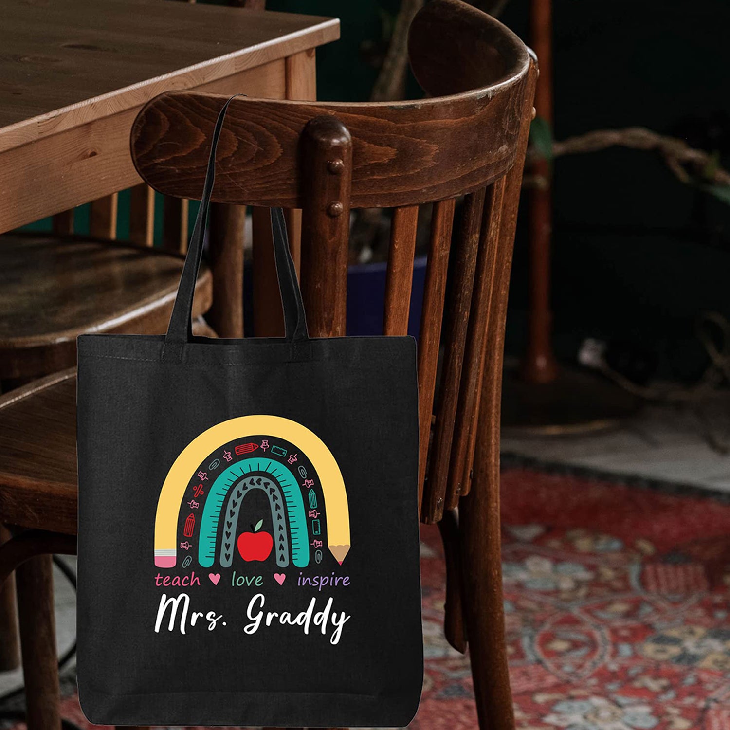 Custom Personalized Teacher Teach Love Inspire Rainbow Eco Cotton Tote Reusable Shopping Bag