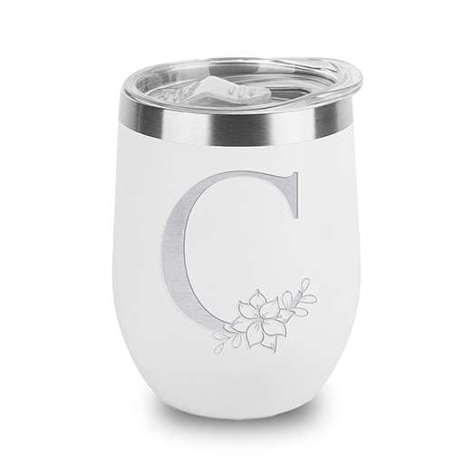 Floral Monogram Letter Initial Engraved Insulated Stainless Steel Wine Tumbler with Lid 12 oz.