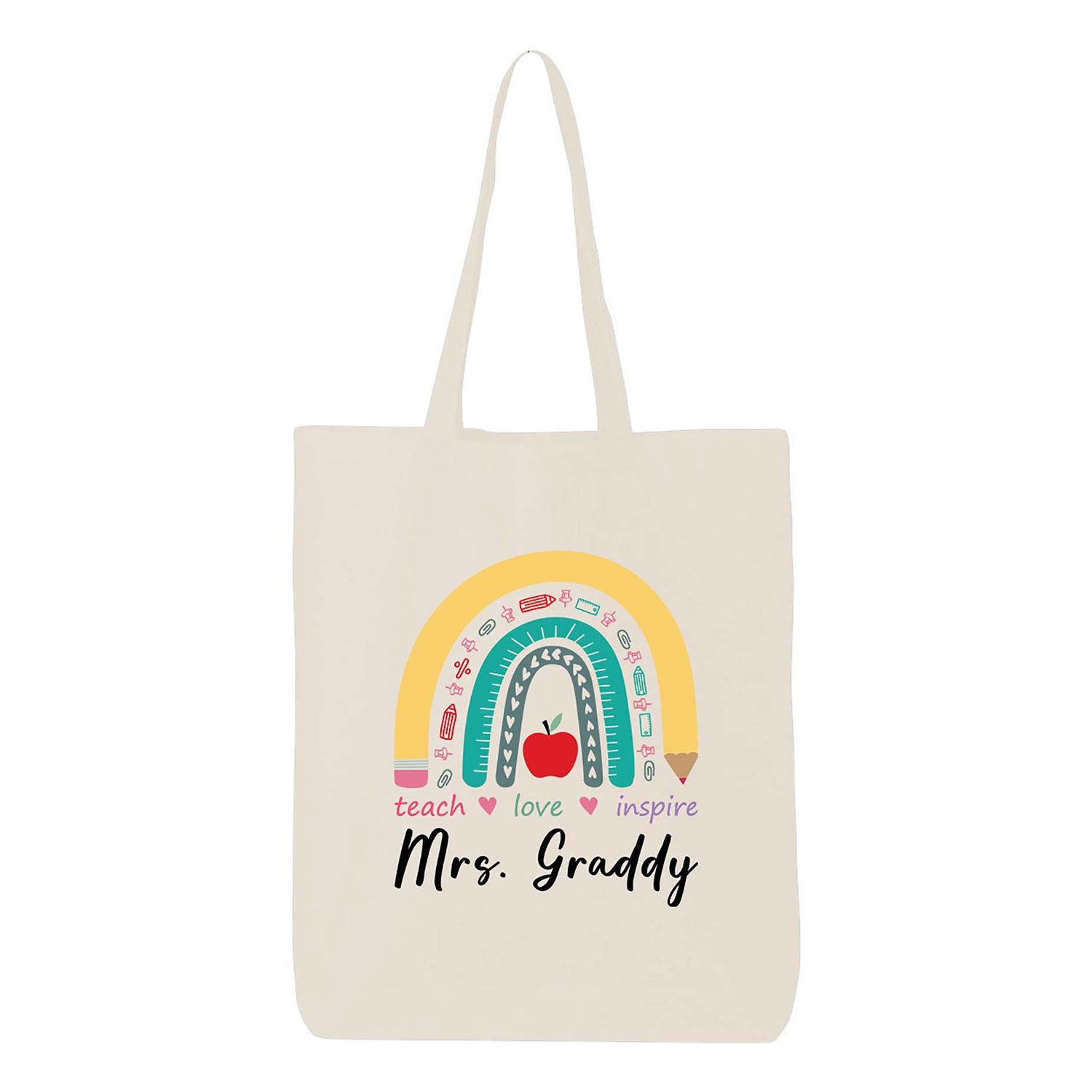 Custom Personalized Teacher Teach Love Inspire Rainbow Eco Cotton Tote Reusable Shopping Bag