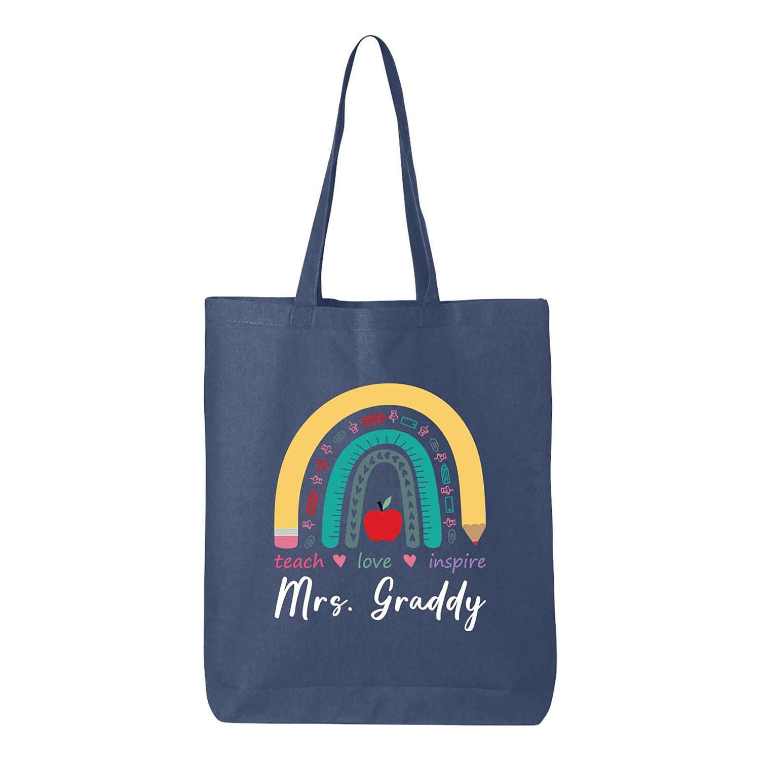 Custom Personalized Teacher Teach Love Inspire Rainbow Eco Cotton Tote Reusable Shopping Bag