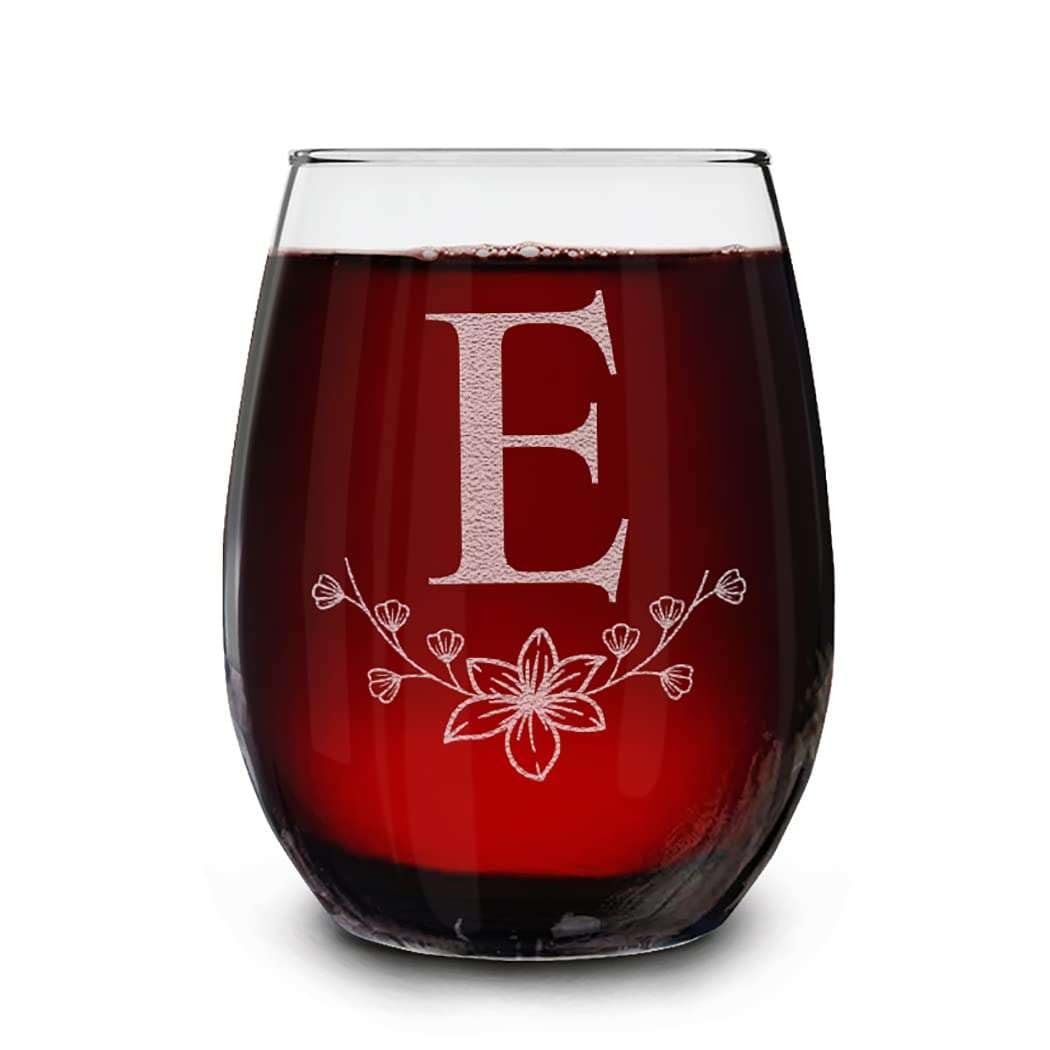 Floral Monogram Engraved Initial Letter Stemless Wine Glass 15 oz.