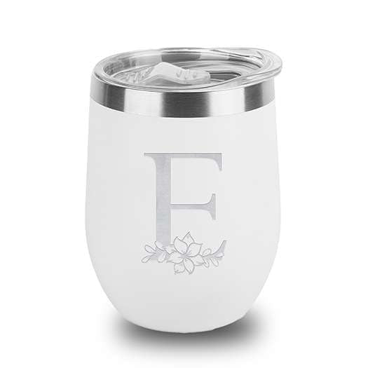 Floral Monogram Letter Initial Engraved Insulated Stainless Steel Wine Tumbler with Lid 12 oz.