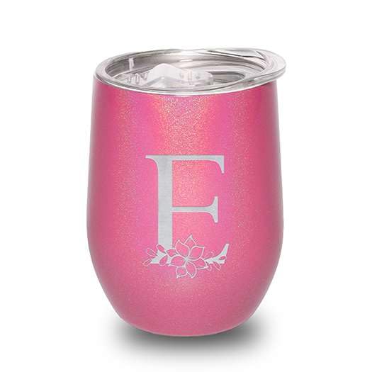 Dazzling Pink Sparkle Floral Monogram Tumbler – 12oz Personalized Initial Engraved Wine Cup