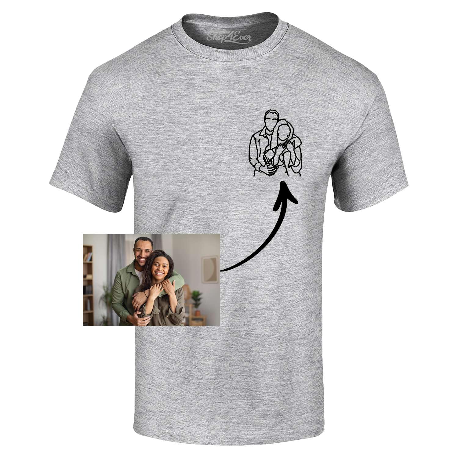 Custom Personalized Couples or Family Photo to Minimal Outline Sketch Art Men T-Shirt