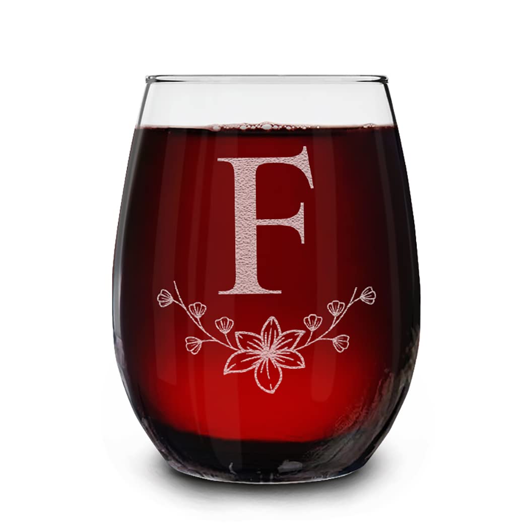 Floral Monogram Engraved Initial Letter Stemless Wine Glass 15 oz.