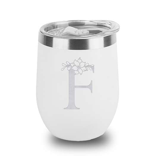 Floral Monogram Letter Initial Engraved Insulated Stainless Steel Wine Tumbler with Lid 12 oz.